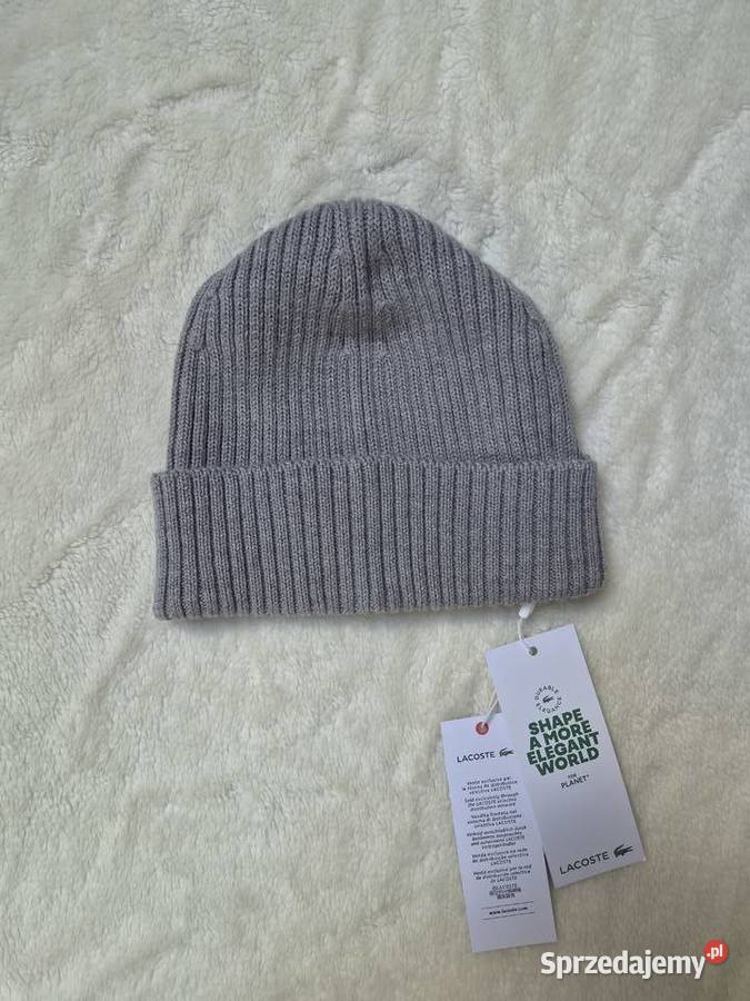 Nowa szara czapka wełniana Lacoste unisex z Bibice
