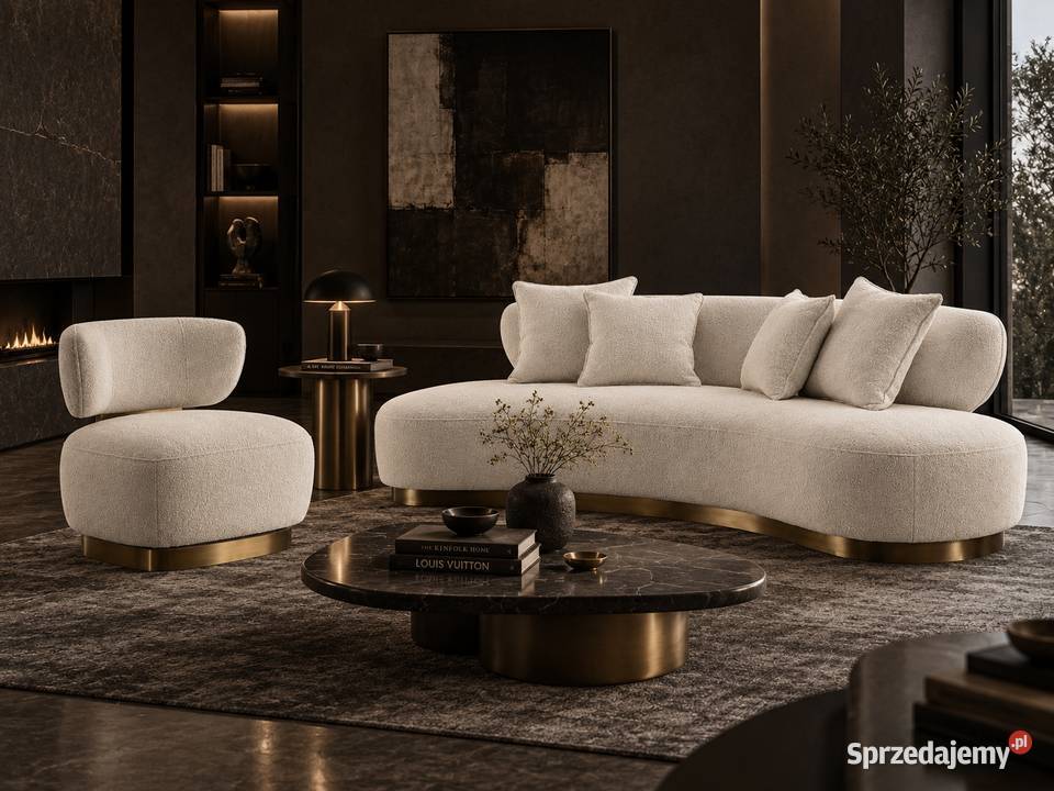 Sofa glamour boucle biała ecru 257 ze złotą Golkowice