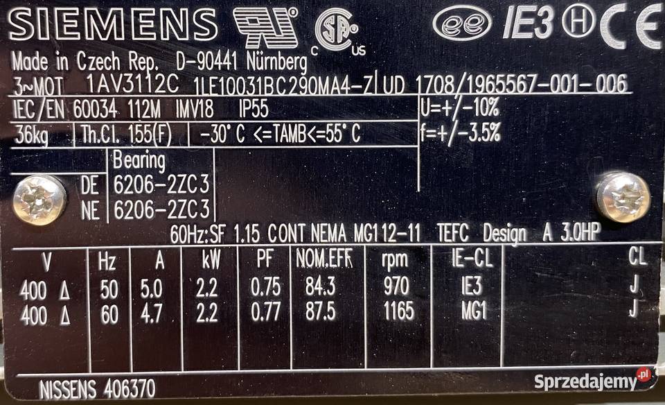 silnik elektryczny 22kW 970obr 3fazowy SIEMENS kujawsko-pomorskie Pigża sprzedam