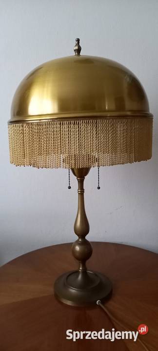 Duża mosiężna lampa gabinetowa klosz z frędzlami Antyki Skierniewice