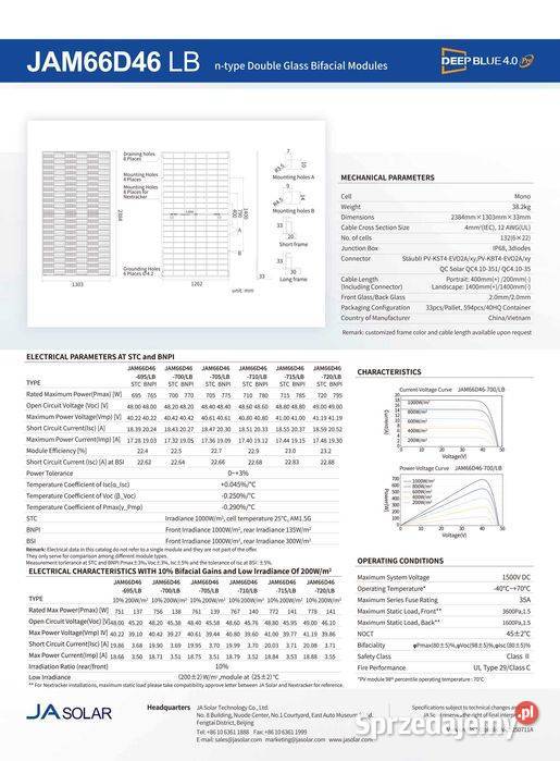 Panel fotowoltaiczny JA SOLAR JAM66D46710LB 710