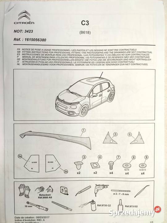 SPOJLER TYLNY NA KLAPĘ CITROEN C3 III 2016 lubelskie