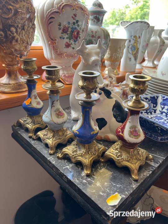 Świecznik porcelana i mosiądz Szafirowy malowany Gdańsk