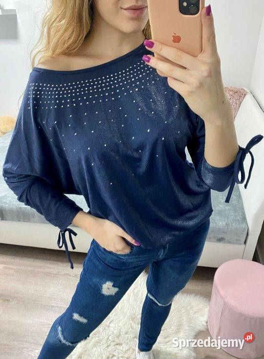 Mieniąca bluzka wiskozowa z dżetami łódka granat niebieski mazowieckie Warszawa