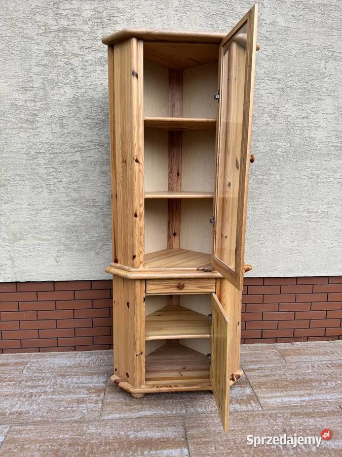 Witryna narożna drewniana sosnowa rogówka regał