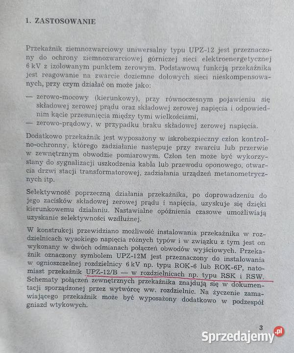 przekaźnik ziemnozwarciowy typ UPZ 12MB Dąbrowa Górnicza