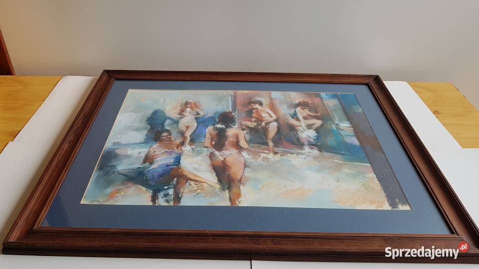 Obraz szkłem pastel Damy sygnowany Franciszek Dąbrowa Górnicza