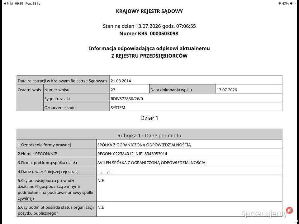 Sprzedam gotową spółkę z oo 12 lat zero Wołomin