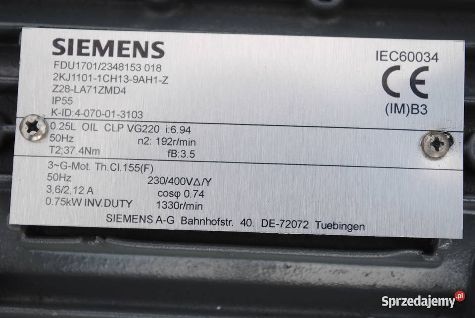Motoreduktor 075kw 192obrmin Firmy Siemens Pozostałe lubuskie Kargowa sprzedam