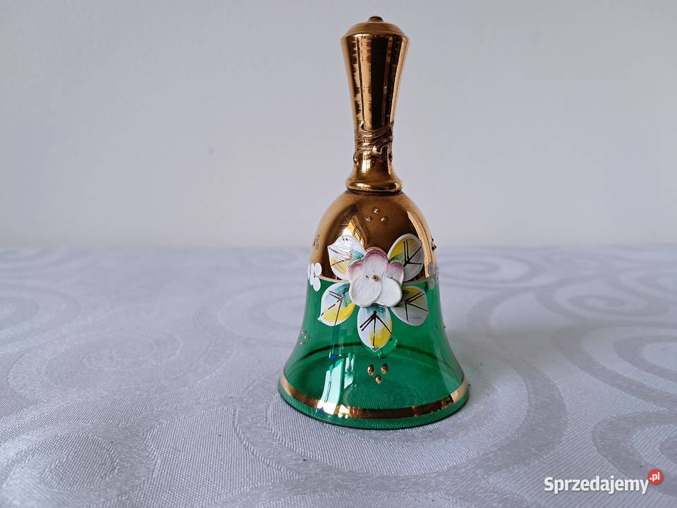 Dzwonek szklany bohemia zielony złocony kwiat lubuskie Strzelce Krajeńskie