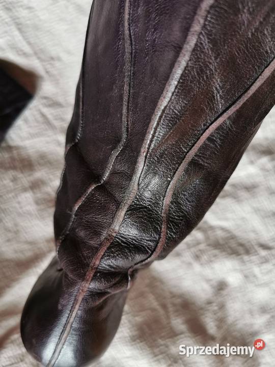 Skórzane damskie sztyblety kozaki 38 śliwowe na