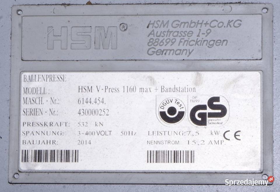 Prasa hydrauliczna HSM VPress 1160 Bandstation lubuskie Żary
