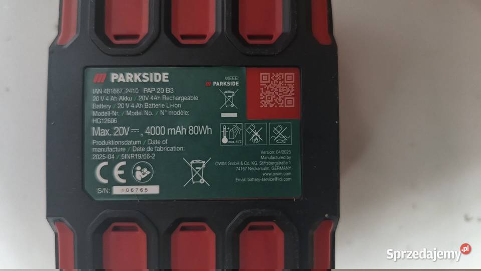 Akumulator LiIon Parkside 20 V4 Ah śląskie Katowice