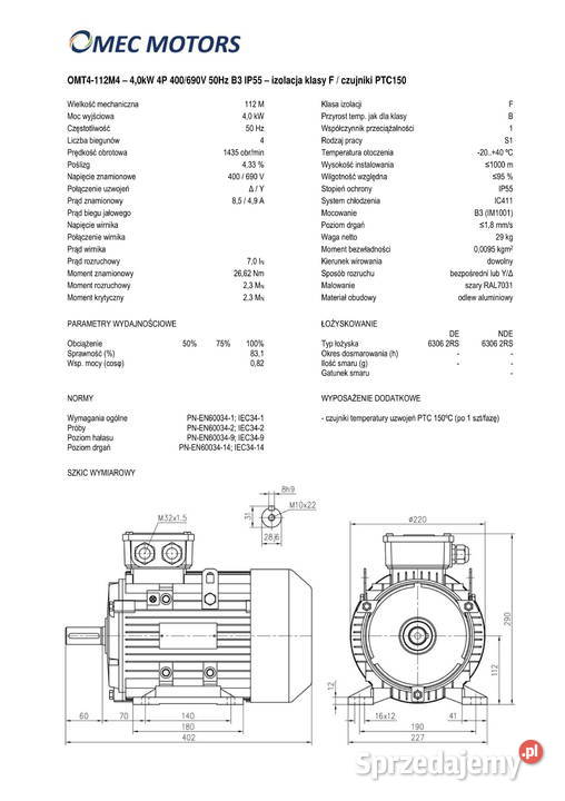 silnik elektryczny 4kW 1400obr 112B3 Pigża
