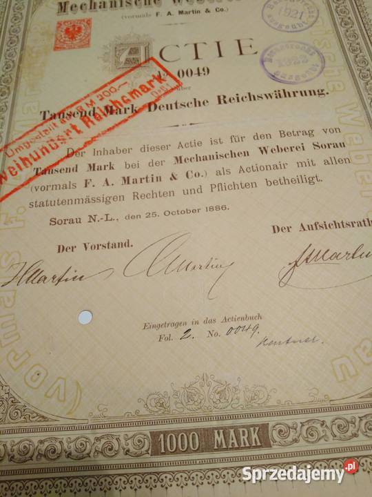 Papiery wartościowe Akcja 1000 marek Tkackie