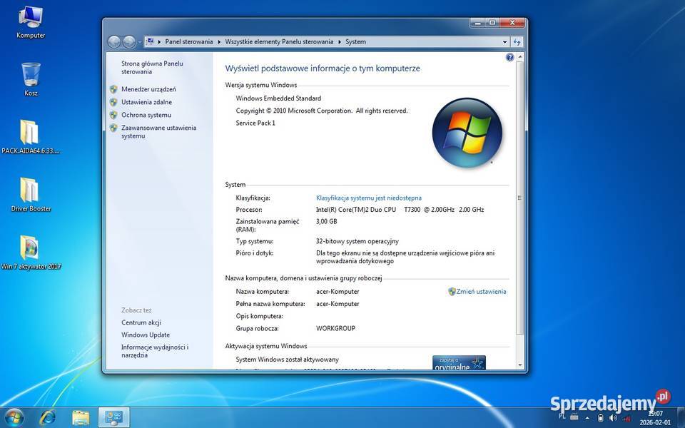 Acer 5920G Core2Duo Intel Core 2 Duo T7300Ram3Gb