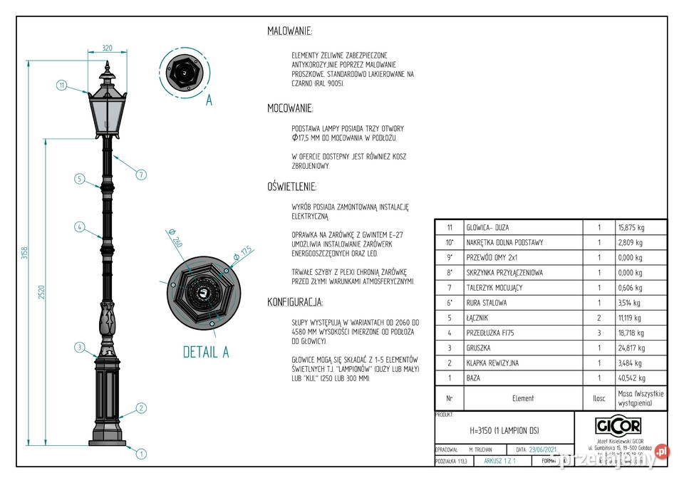 Lampa G I 1xGłowica H 3000mm sprzedam