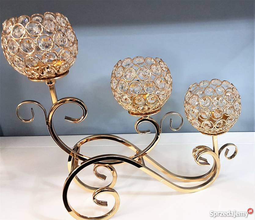 Świecznik Styl Swarovski 3ramienny Złoty odcienie żółtego Wyposażenie wnętrz Bytom