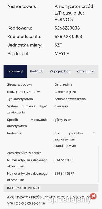 Amortyzator przód MEYLE VOLVO S60 S80 V70 Parzęczew