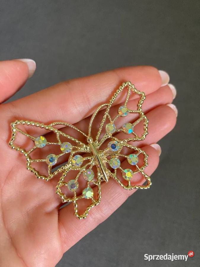 Piękna metalowa złota duża broszka motyl vintage Nisko