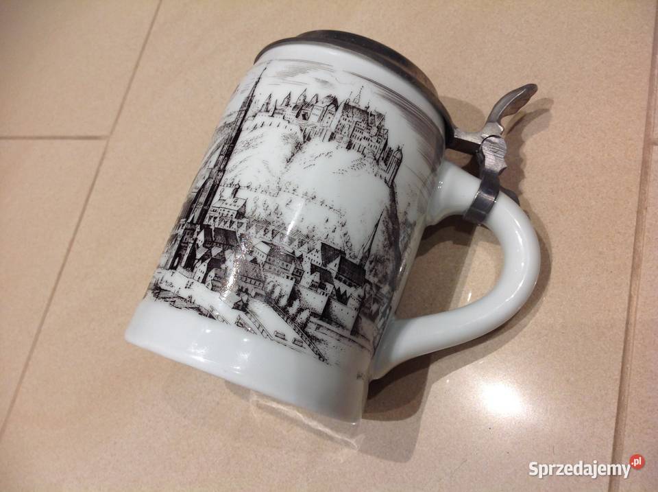 Stary Porcelanowy Kufel do Piwa z cynową klapką Nowa Sól