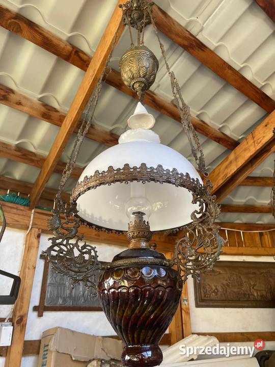 Przepiekny żyrandol lampa naftowa porcelanowy klosz