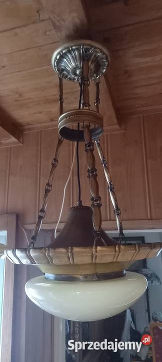 Stara wisząca lampa z mosiądzu duży klosz ampla łódzkie
