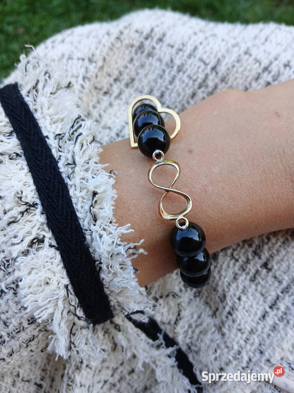 Bransoletka damska z Onyksu czarnego z sercem i