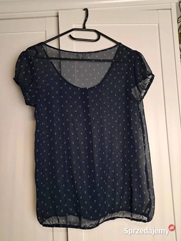 Granatowa zwiewna bluzka z kotwicami rozmiar S krótki Trąbki Wielkie
