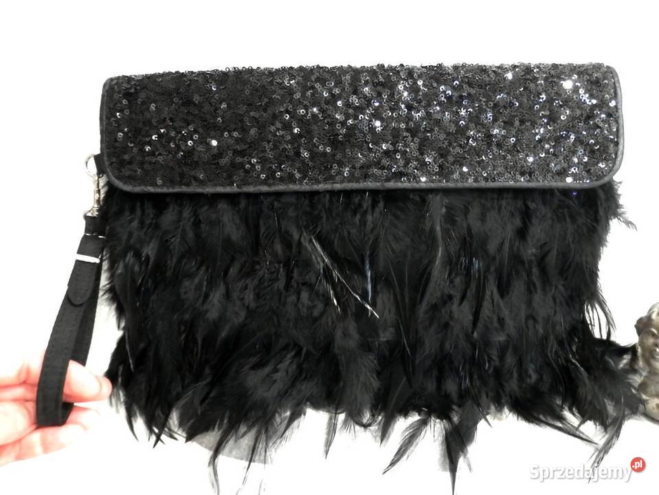 Torebka z Piórami Kopertówka Balowa Imprezowa czarny Torby i torebki Łomża