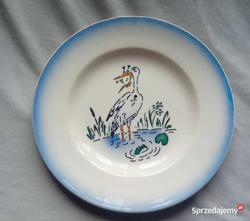 Fajansowy talerz z bocianem VEB Steingut wielkopolskie Koźminek