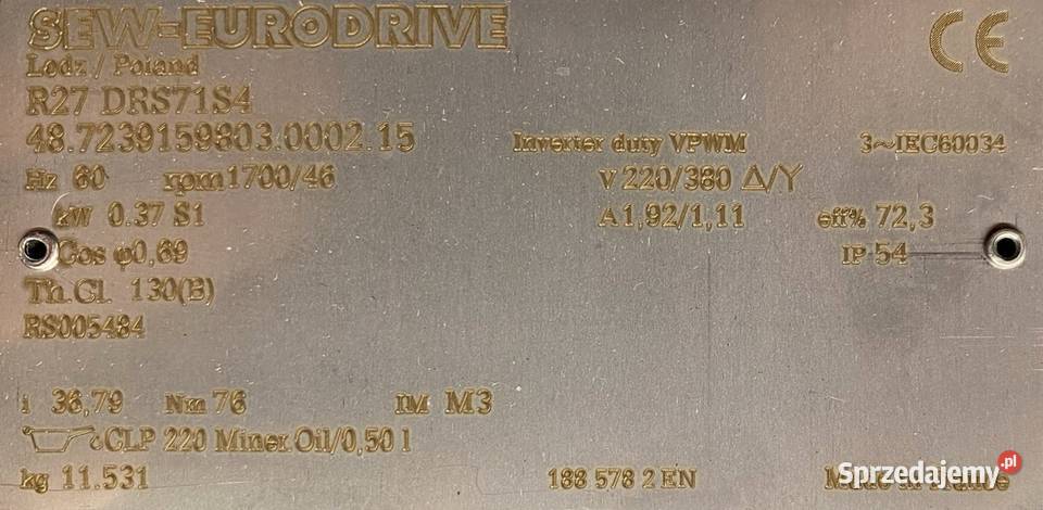 motoreduktor przekładnia 037kW 38obr 3fazowy SEW kujawsko-pomorskie Pigża sprzedam