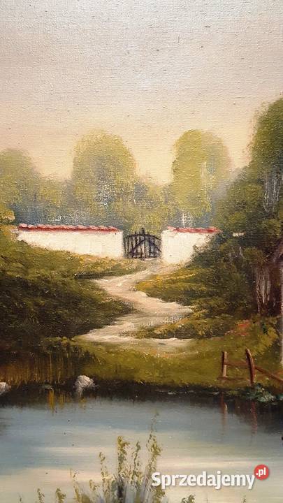 Stary ładny olejny na płótnie Wiejski pejzaż w Malarstwo Warszawa