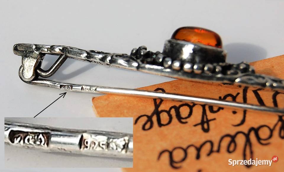 Stara broszka wiktoriańska bursztyn bałtycki srebro Lublin
