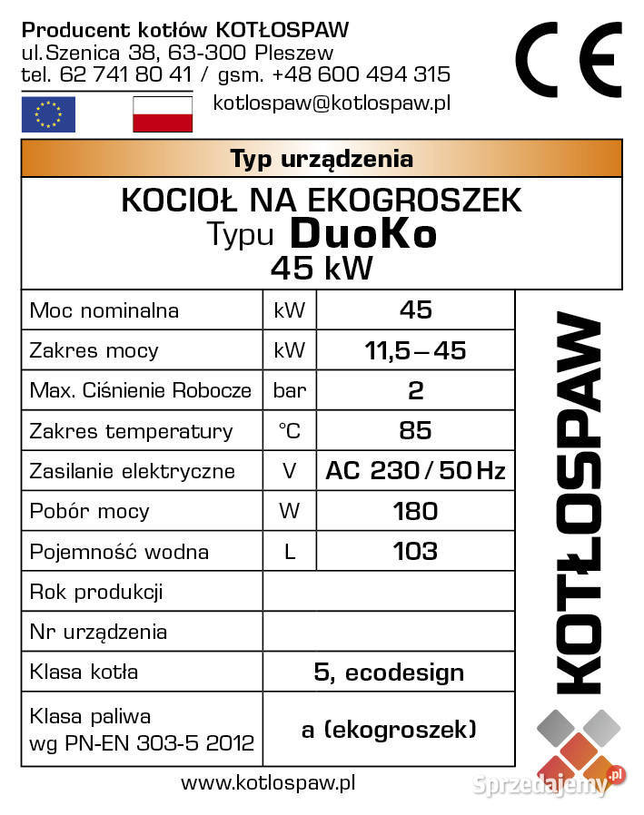 Kocioł DUOKO ekogroszek 5 klasa ECOdesign 45 kW Golub-Dobrzyń