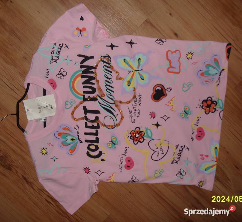 Tshirt NOWY Róż Motyle Serca cekiny cyrkonie r kolorowy Rawicz