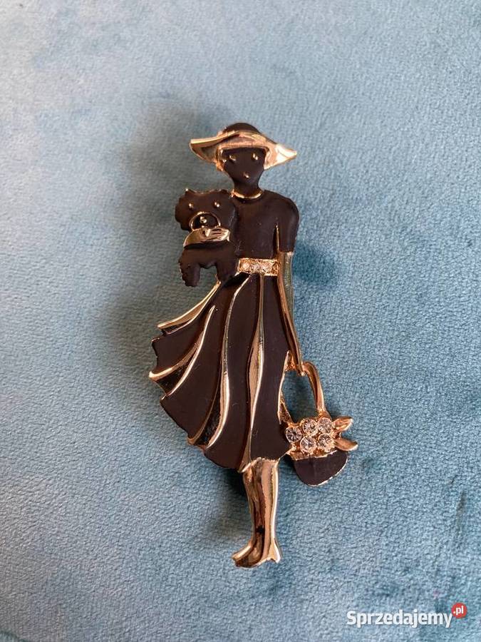 Nowa broszka vintage kobieta dama z pieskiem Nisko