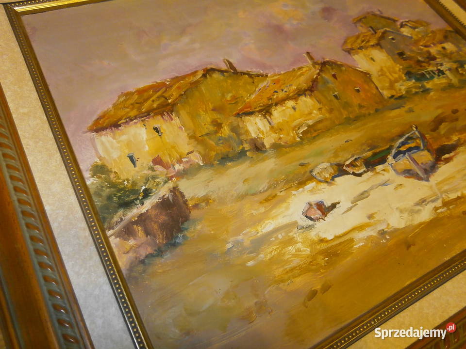 Stary obraz w ramie płótno Wioska rybacka Łódź