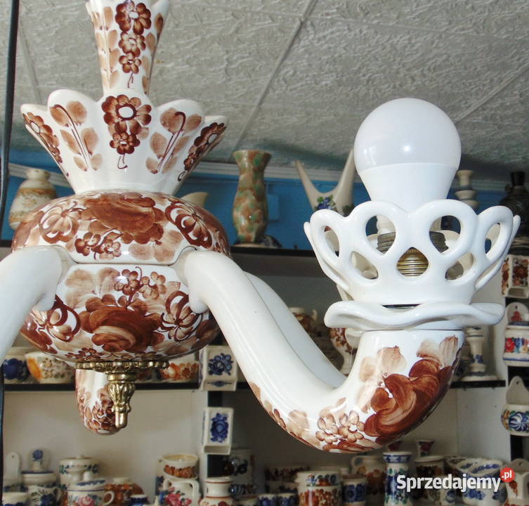 Fajans Włocławek Żyrandol 5ramienny Porcelana i szkło