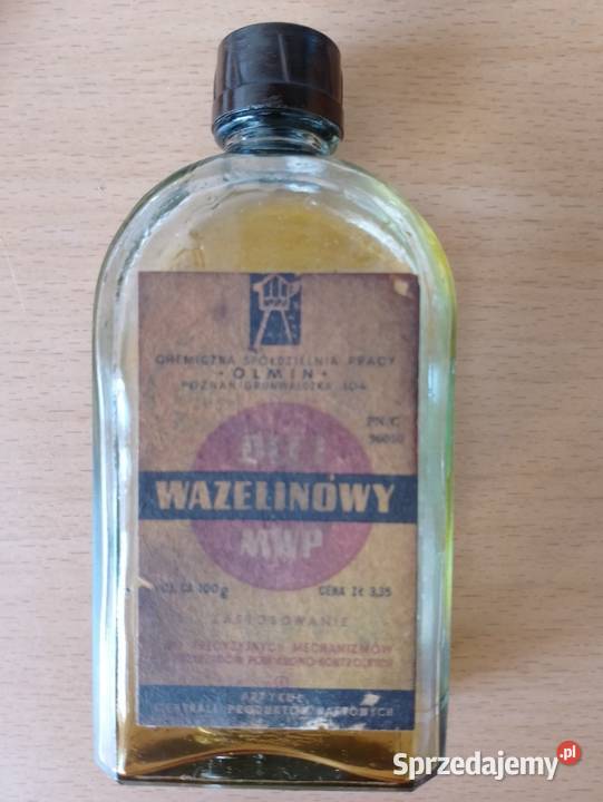 Oryginalna butelka z PRL oleju wazelinowym OLMIN Poznań