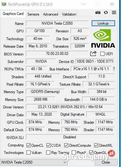 Karta graficzna Nvidia Tesla C2050 384bit 3GB mazowieckie Warszawa sprzedam
