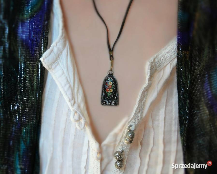 Stary wisior filigran mosiądz malowany kwiaty Lublin