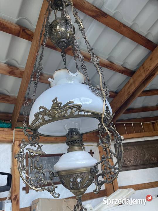 Stara lampa naftowa żyrandol mosiądz porcelana dolnośląskie Bystrzyca Kłodzka