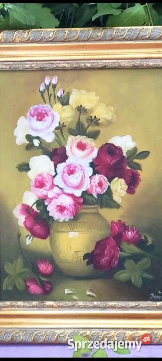 Stylowy Obraz Olej Płótno Kwiaty Bukiet Złota Pabianice