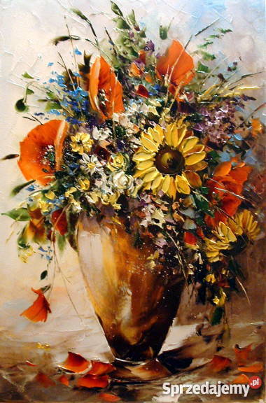 Polny bukiet 60x40 obraz olejny widoczna faktura Warszawa