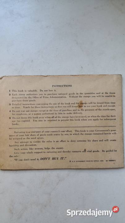 USA wojenna książeczka żywnościowa 1942r łódzkie Wieluń sprzedam