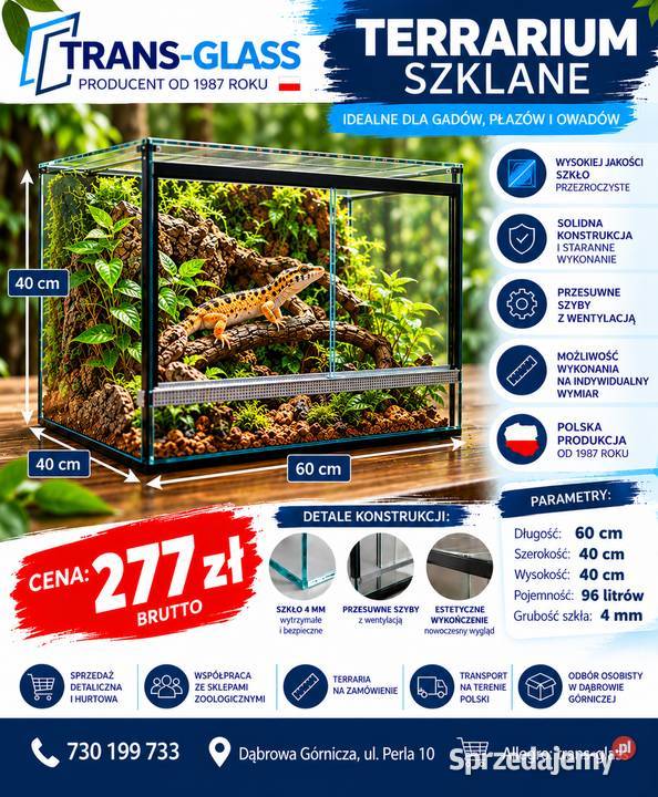 Terrarium szklane 60x40x40 szkło 4 mm producent Dąbrowa Górnicza