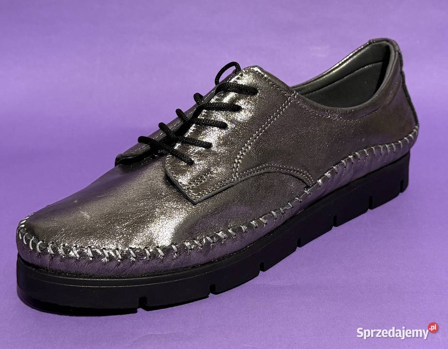 Skórzane damskie platynowe wiązane półbuty Damskie Żyrardów sprzedam