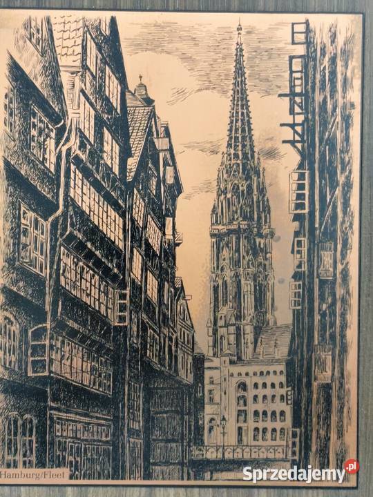 Obraz Vintage Miedzioryt 27x33 Hamburg Fleet Poddębice
