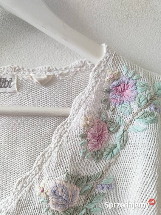 Biały haftowany sweter Kardigan 80 90s Vintage Jasło